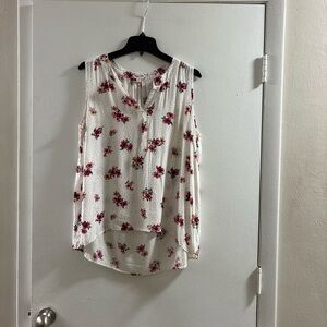 Floral V-Neck Sleeveless Tank Top in White with Red Print